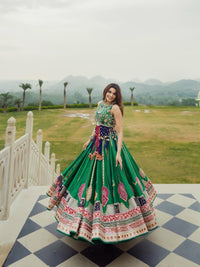 Sea Green Navratri Lehenga Choli for Women – Fusion Style, Real Mirror Work, Digital Print, 4 Meter Flair, Soft Muslin Cotton Garba & Dandiya Outfit