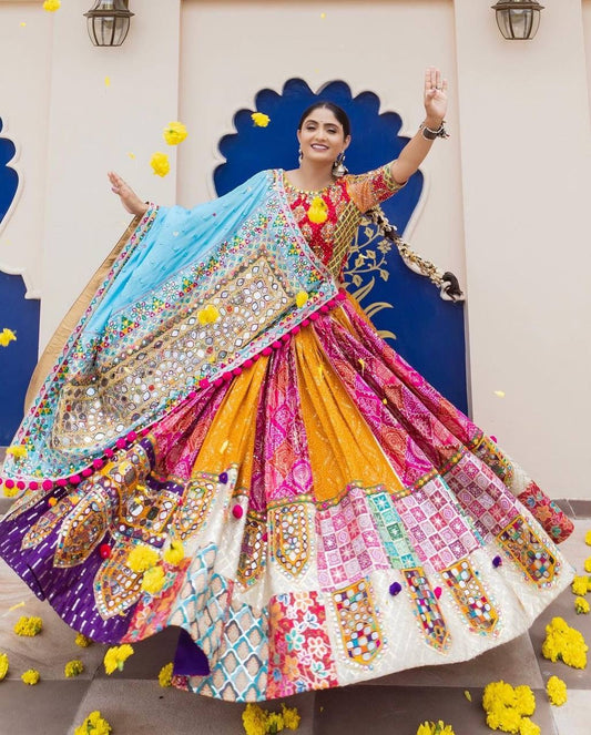 Navratri Special Premium Heavy Muslin Cotton Lehenga with Digital Print & Real Mirror Work