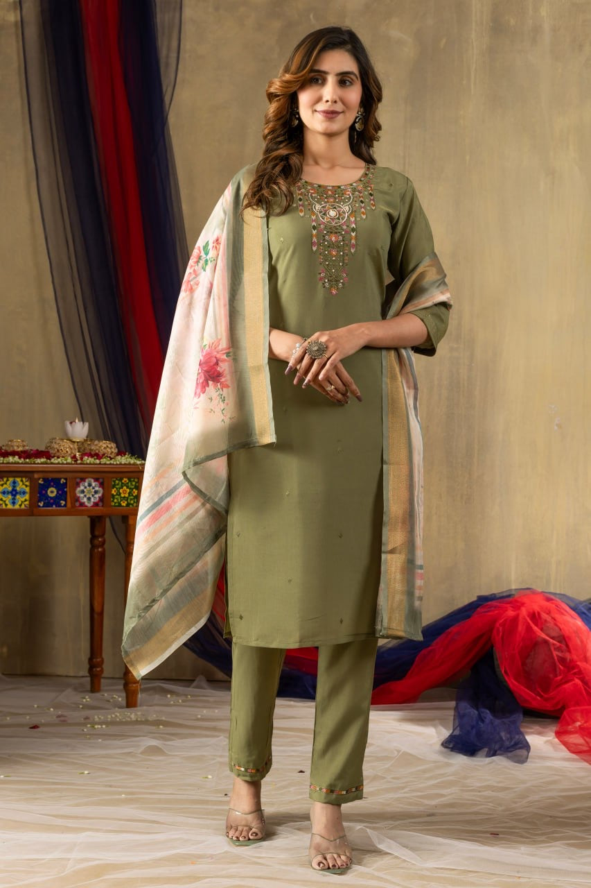 Elegant Shimmer Gold Silk Straight Kurti Pant Set with Multi Embroidery - FFdiva 109