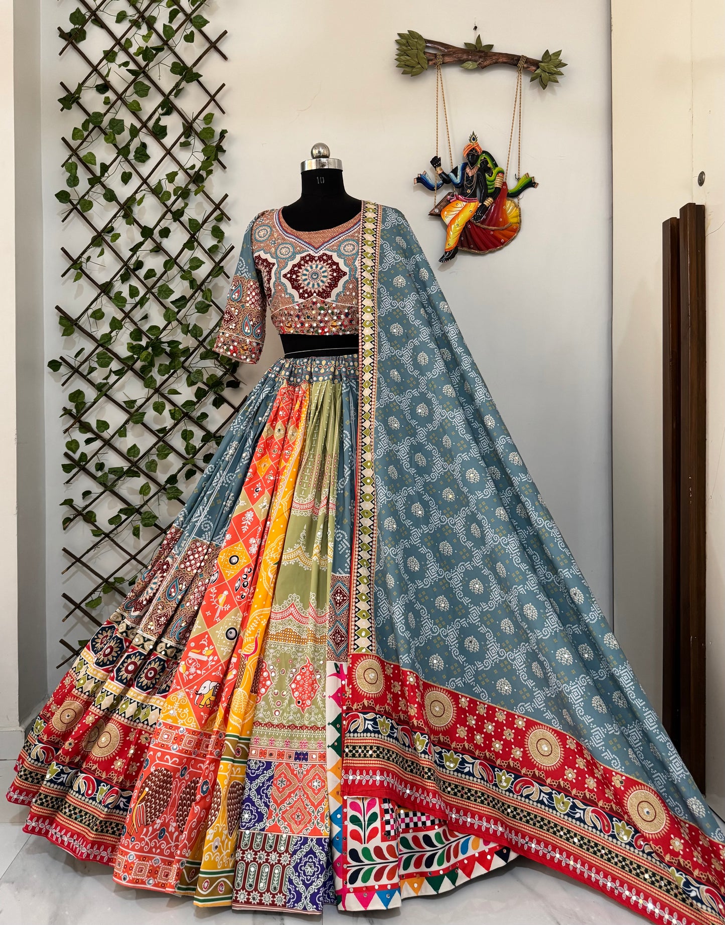 Navratri Special Heavy Muslin Cotton Chaniya Choli with Digital Print & Real Mirror Work