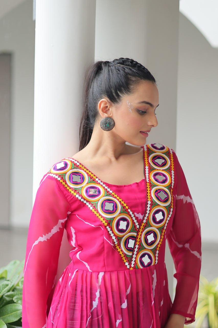 Navratri Collections 2025 Leheriya Print Kurti with Kutchi Patchwork in Faux Georgette