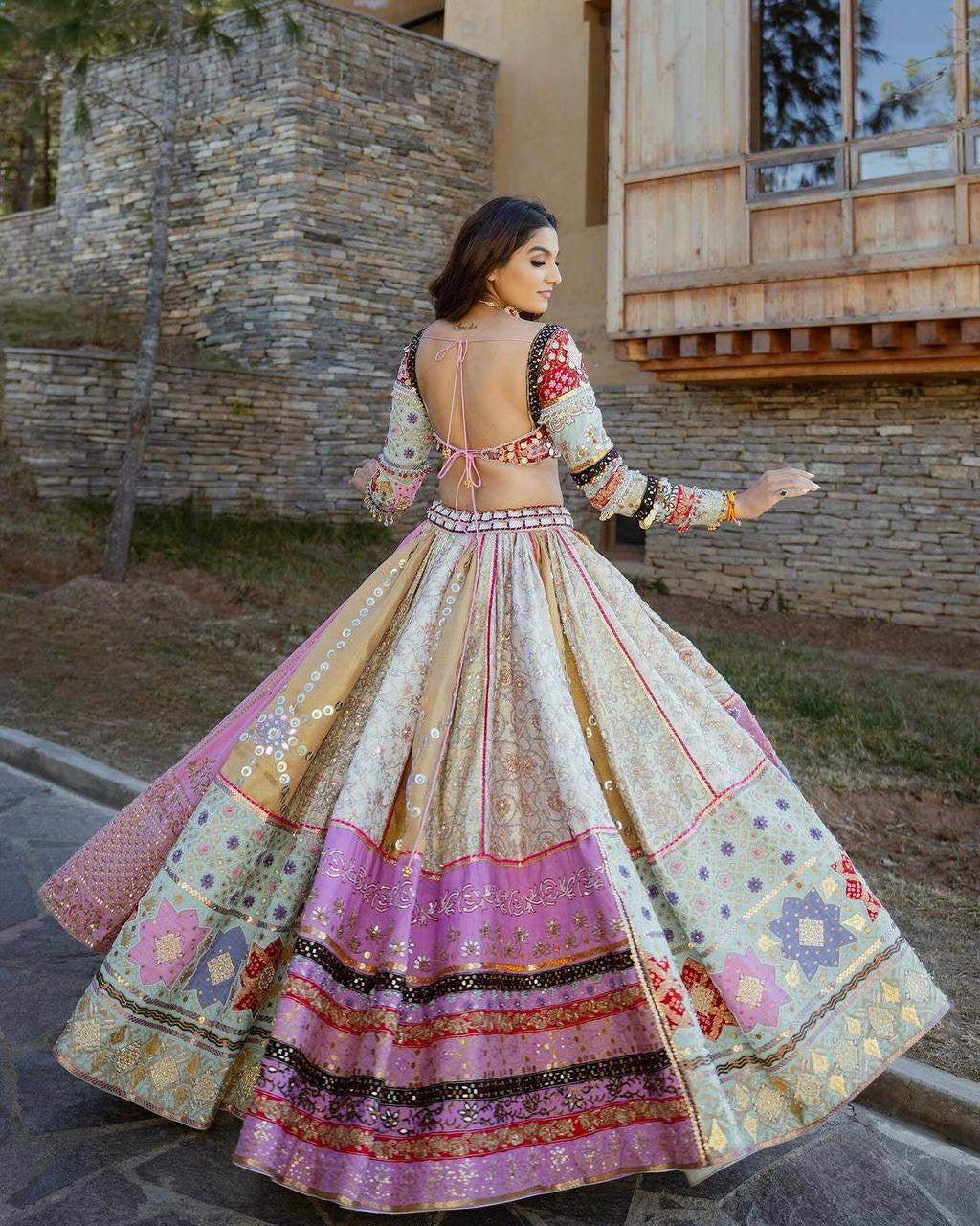 Heavy Muslin Cotton Lehenga with Digital Print & Real Mirror Work - Alc 079