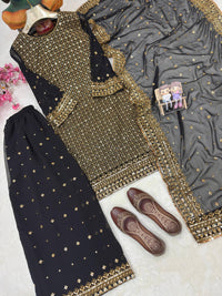 Black Royal Zari & Sequins Embroidered Kurti & Flared Palazzo Set with Elegant Dupatta