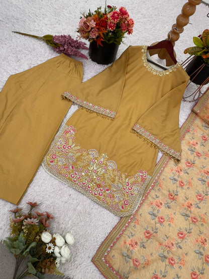 Designer French Crepe Silk kurti-palazzo & Dupatta Set with Embroidery - Ready To Wear