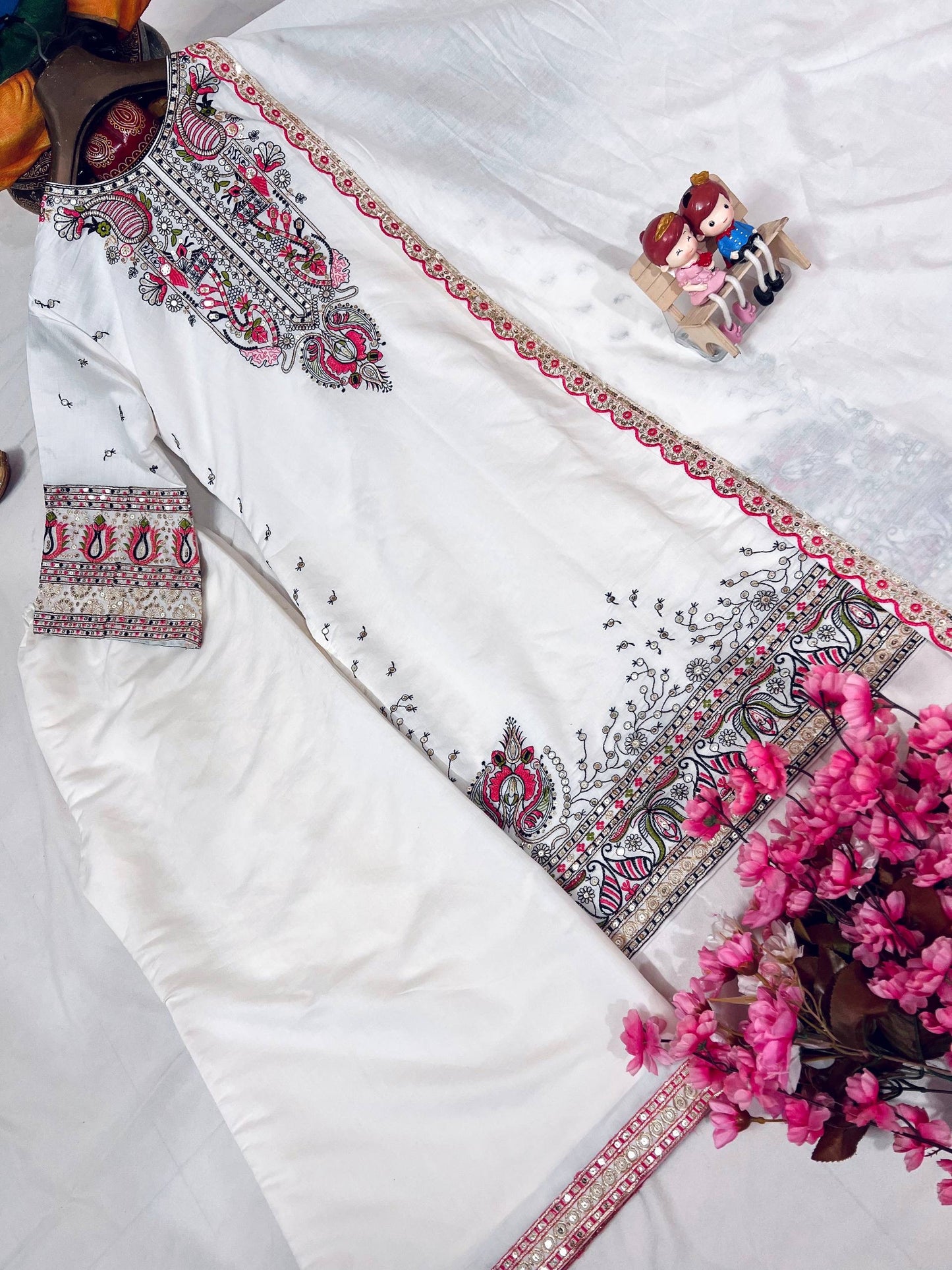 Roman Silk Cotton Kurti-Palazzo Set with Zari, Thread & Sequins Embroidery