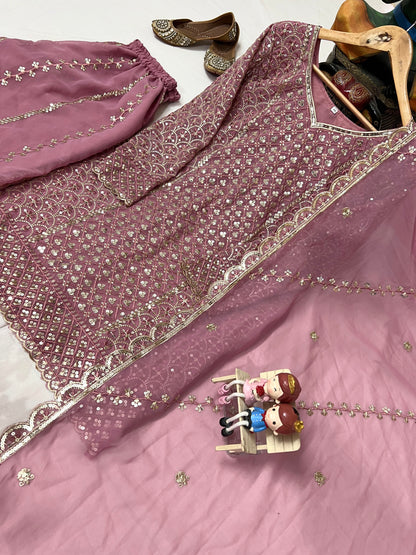 Heavy Georgette Kurti & Palazzo Set with Zari & Sequin Embroidery - LC 1361