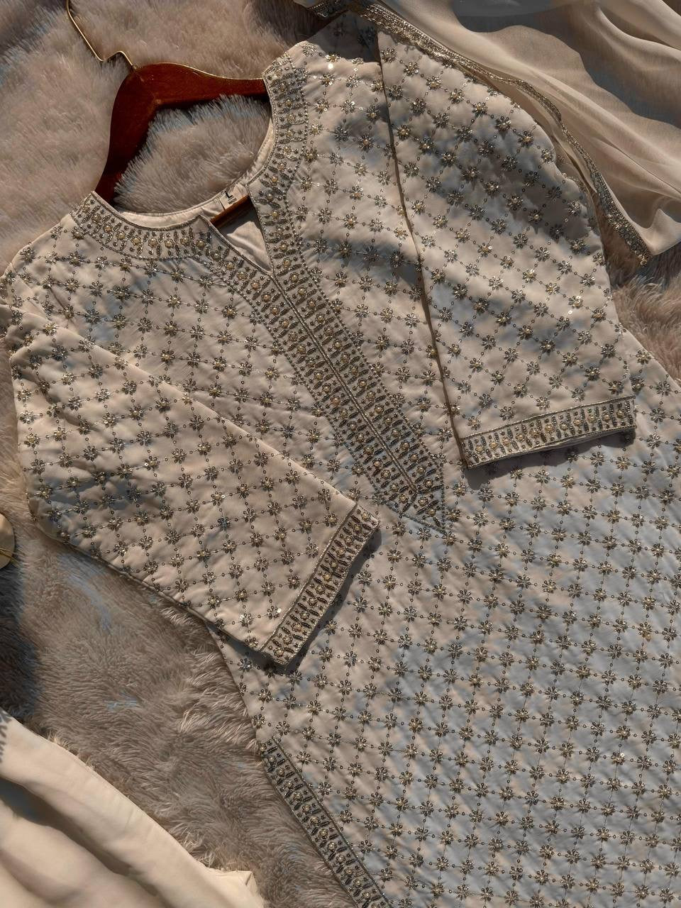 Fancy Faux Georgette Top & Pant Set with Sequence Embroidery & Moti Work - FFLG-1922