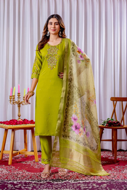 Elegant Straight Kurti Pant Dupatta Set - Viscose Silk with Hand Embroidery - FFdiva 111