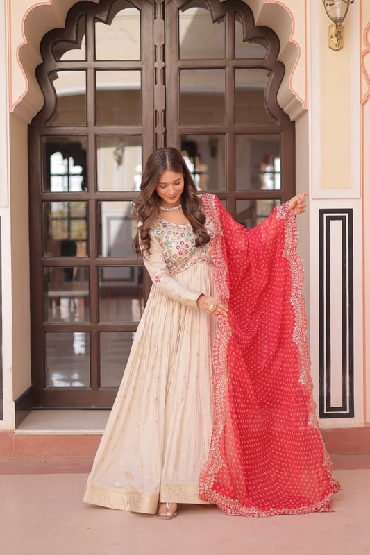 Trending Cosmos Jacquard Gown with Bandhani Printed Embroidered Cut Work Dupatta