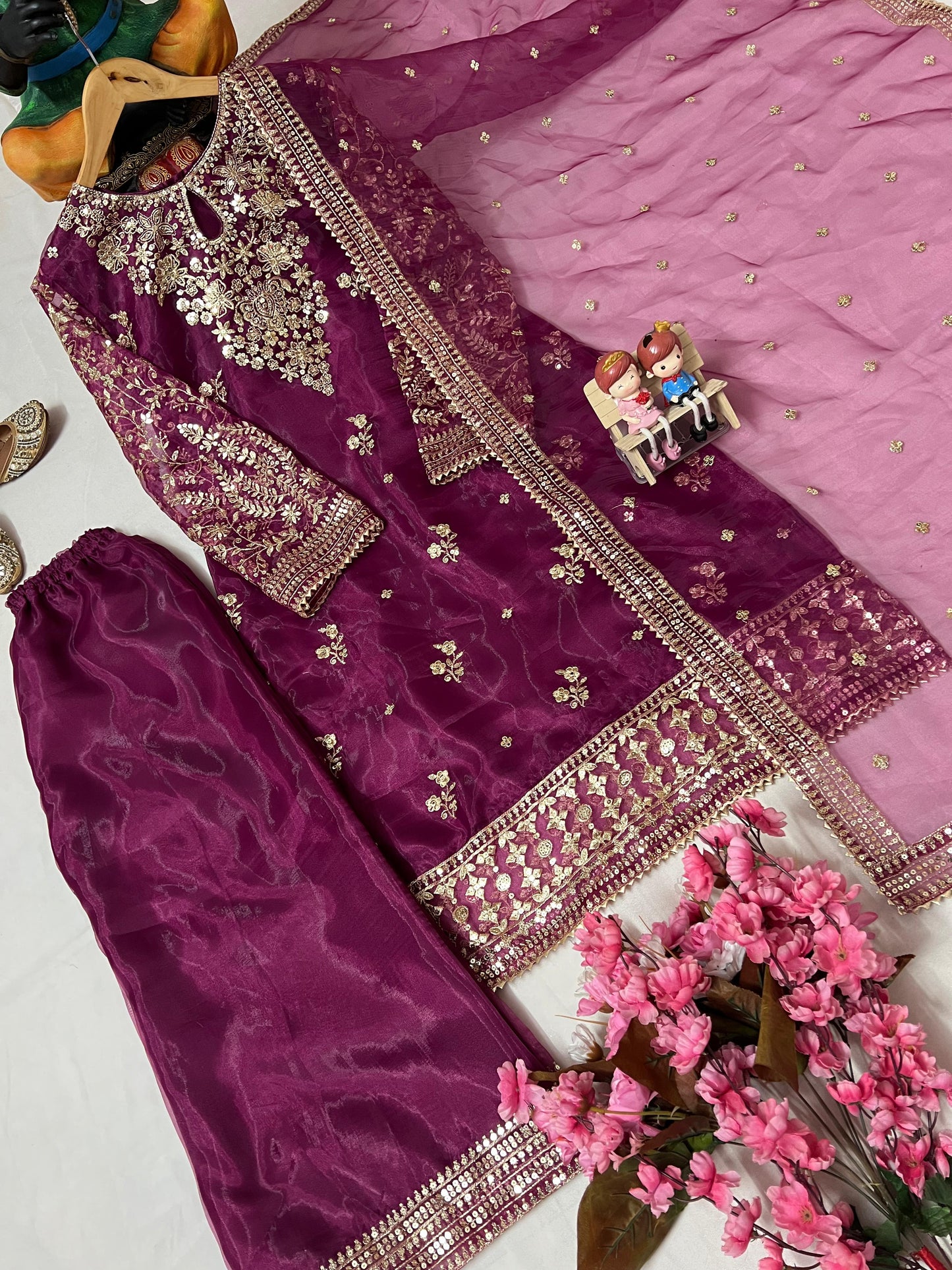 Organza Silk Kurti Palazzo Set with Zari & Sequin Embroidery - LC 1371