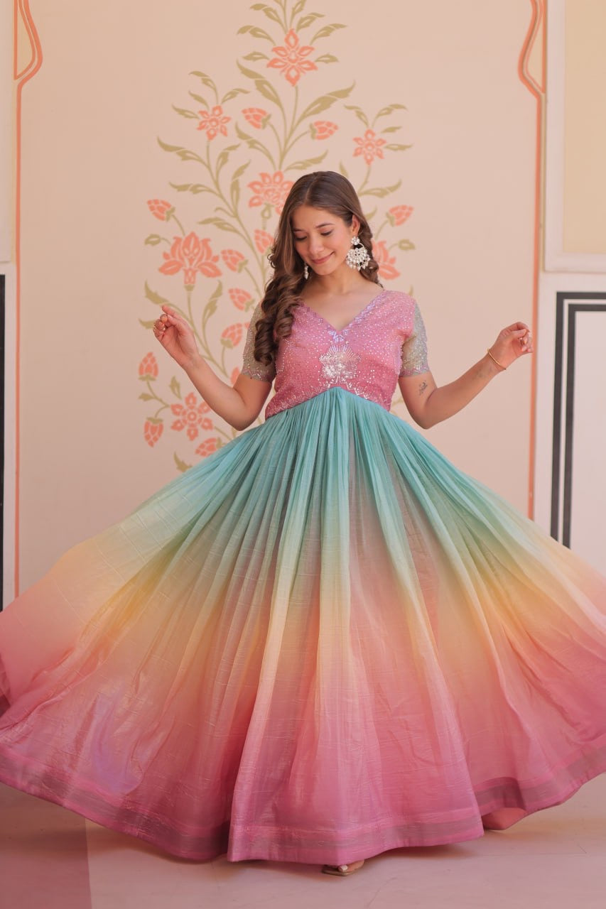 Premium Readymade Designer Gown with Gold Crush Padding & Beads Embroidery
