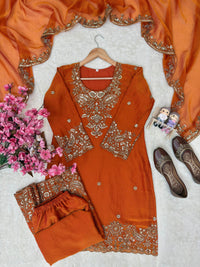 Designer Kurti-Palazzo set in premium moss tissue silk