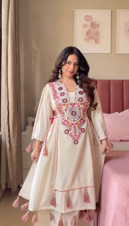 Premium Khadi Cotton Co-ord Set with Mirror Work - Rakhi Special - FFsrk 5286
