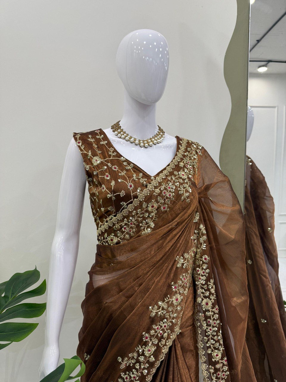 Designer Barbari Silk Saree with Thread & Sequence Work & Unstitched Blouse
