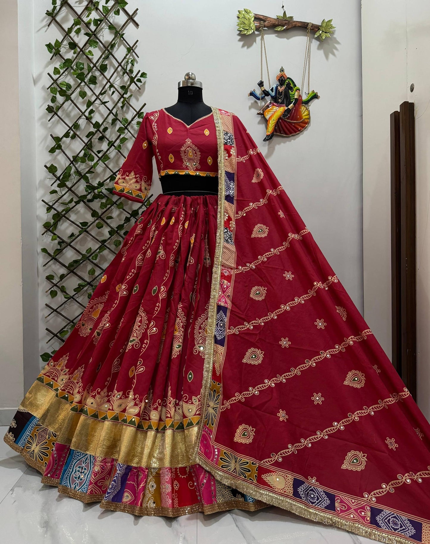 Navratri special Heavy Muslin Cotton Lehenga with Digital Print & Gota Zari Lampi Lace - Alc 103