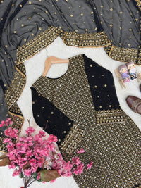 Black Royal Zari & Sequins Embroidered Kurti & Flared Palazzo Set with Elegant Dupatta