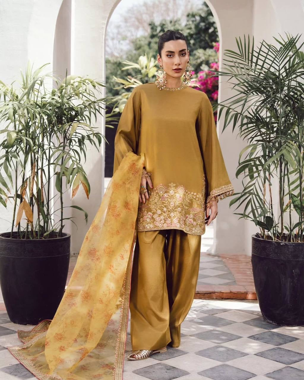 Designer French Crepe Silk kurti-palazzo & Dupatta Set with Embroidery - Ready To Wear
