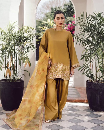 Designer French Crepe Silk kurti-palazzo & Dupatta Set with Embroidery - Ready To Wear