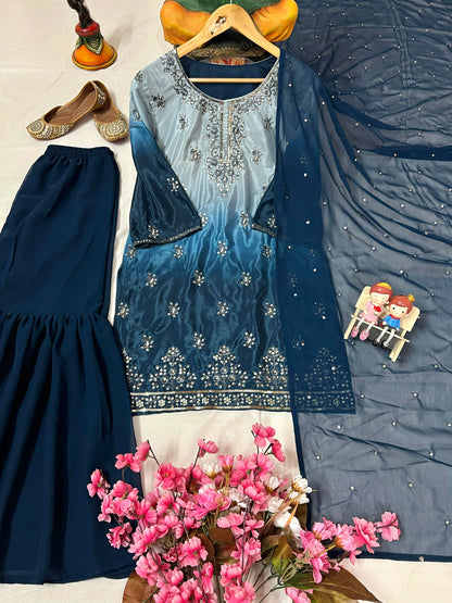 Chinon Silk Kurti & Ruffled Sharara Set with Sequin Embroidery - LC 1370