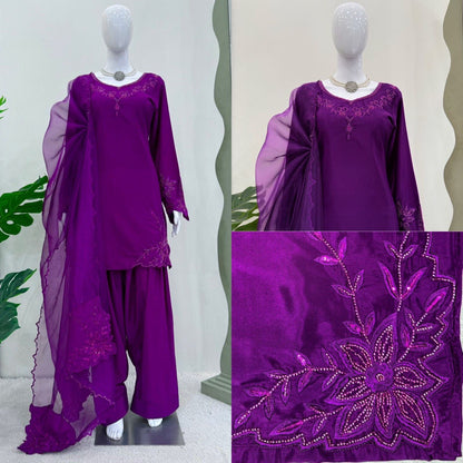 Premium Natural Crepe Top & Farshi Salwar Set with Beads & Thread Work