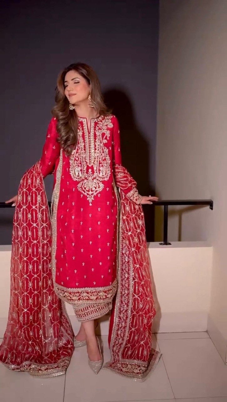 Designer Roman Silk Suit with Thread & Sequence Work - FFkd 1509