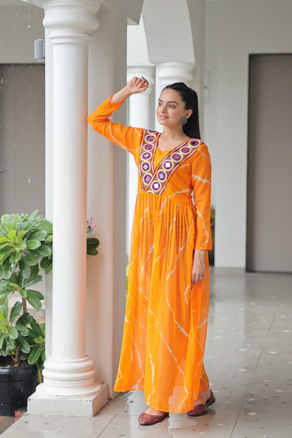 Navratri Collections 2025 Leheriya Print Kurti with Kutchi Patchwork in Faux Georgette