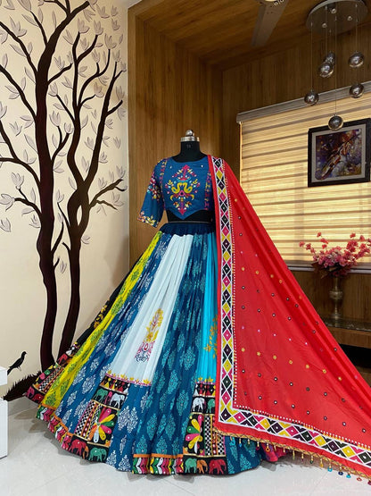 Navratri special Heavy Muslin Cotton Lehenga with Digital Print & Real Mirror Work - ALC 086