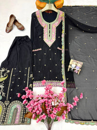 Black & White Kurti Palazzo Set in premium chinon silk fabric with multy color thread Embroidery work