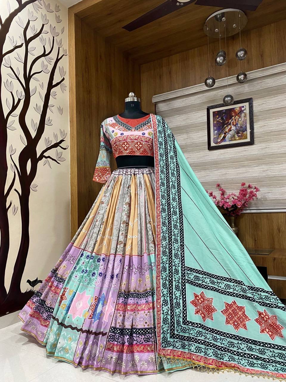 Heavy Muslin Cotton Lehenga with Digital Print & Real Mirror Work - Alc 079