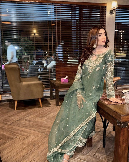 Organza Silk Kurti Palazzo Set with Zari & Sequin Embroidery - LC 1371