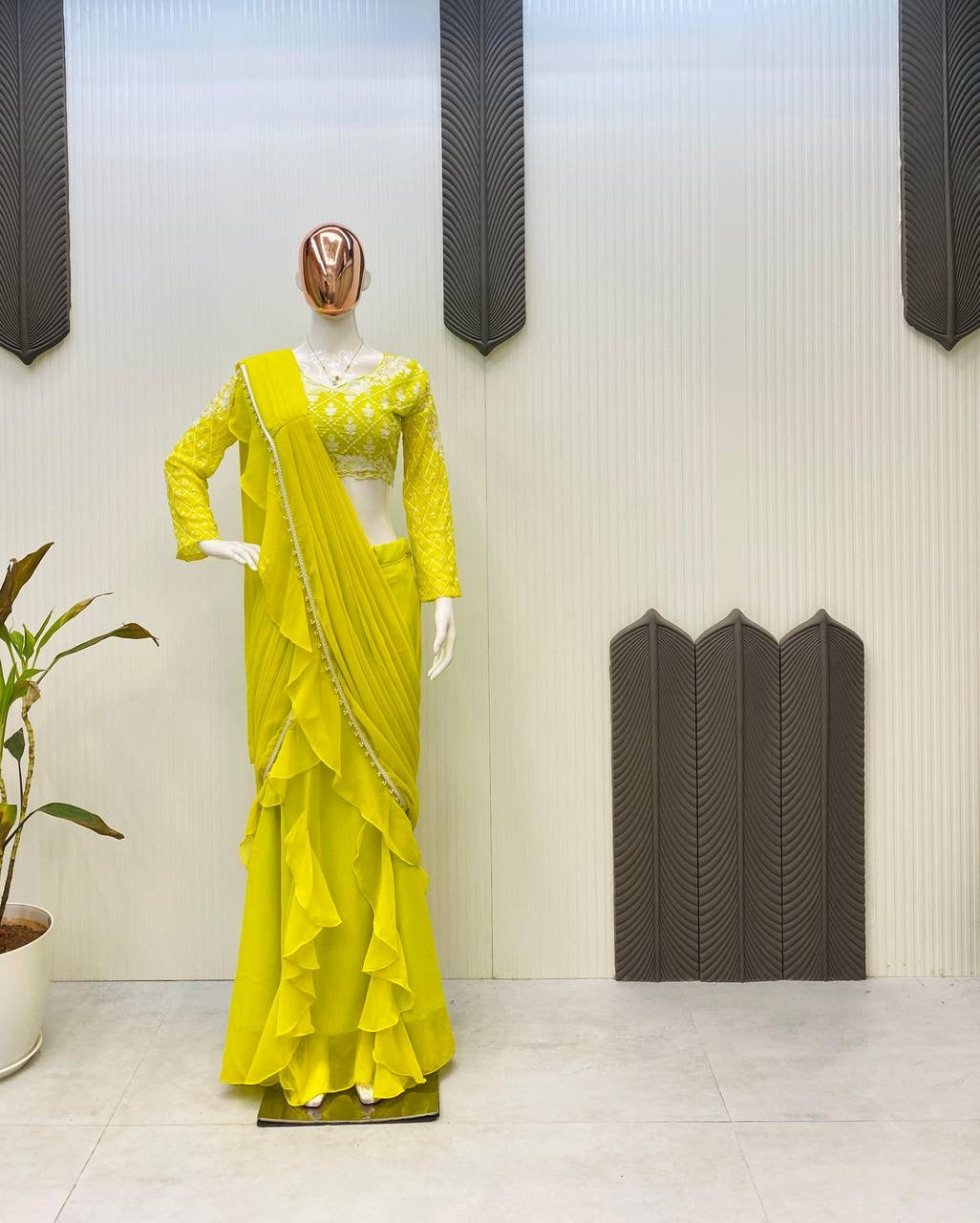 Ready To Wear Ruffles Saree with Long Sleeve Blouse in Lemon Yellow - Georgette with Moti Lace
