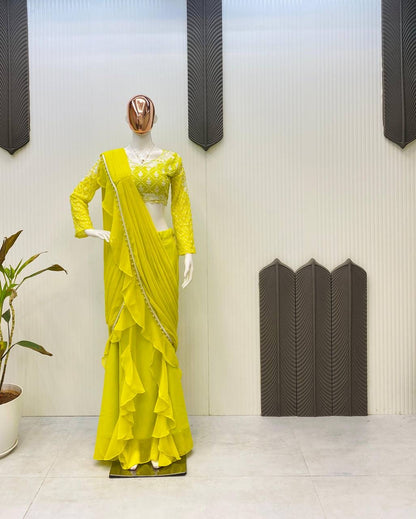 Ready To Wear Ruffles Saree with Long Sleeve Blouse in Lemon Yellow - Georgette with Moti Lace
