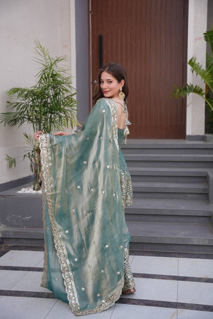Designer Party Wear Heavy Two Tone Fendy Satin Silk Gown Sharara Set with Embroidery & Real Mirror