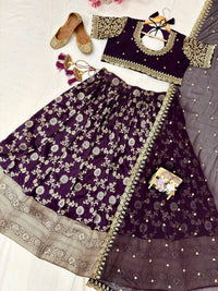 Royal Wine Banarasi Silk Semi Bridal Lehenga Choli with Wide Zari Border