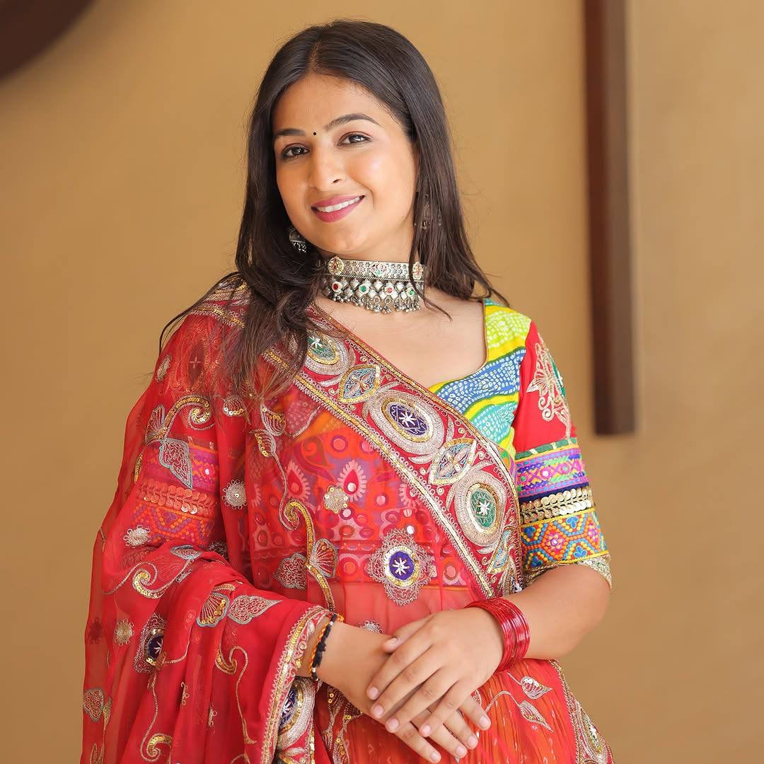 Navratri special Heavy Muslin Cotton Lehenga with Digital Print & Gota Zari Border - Alc 100