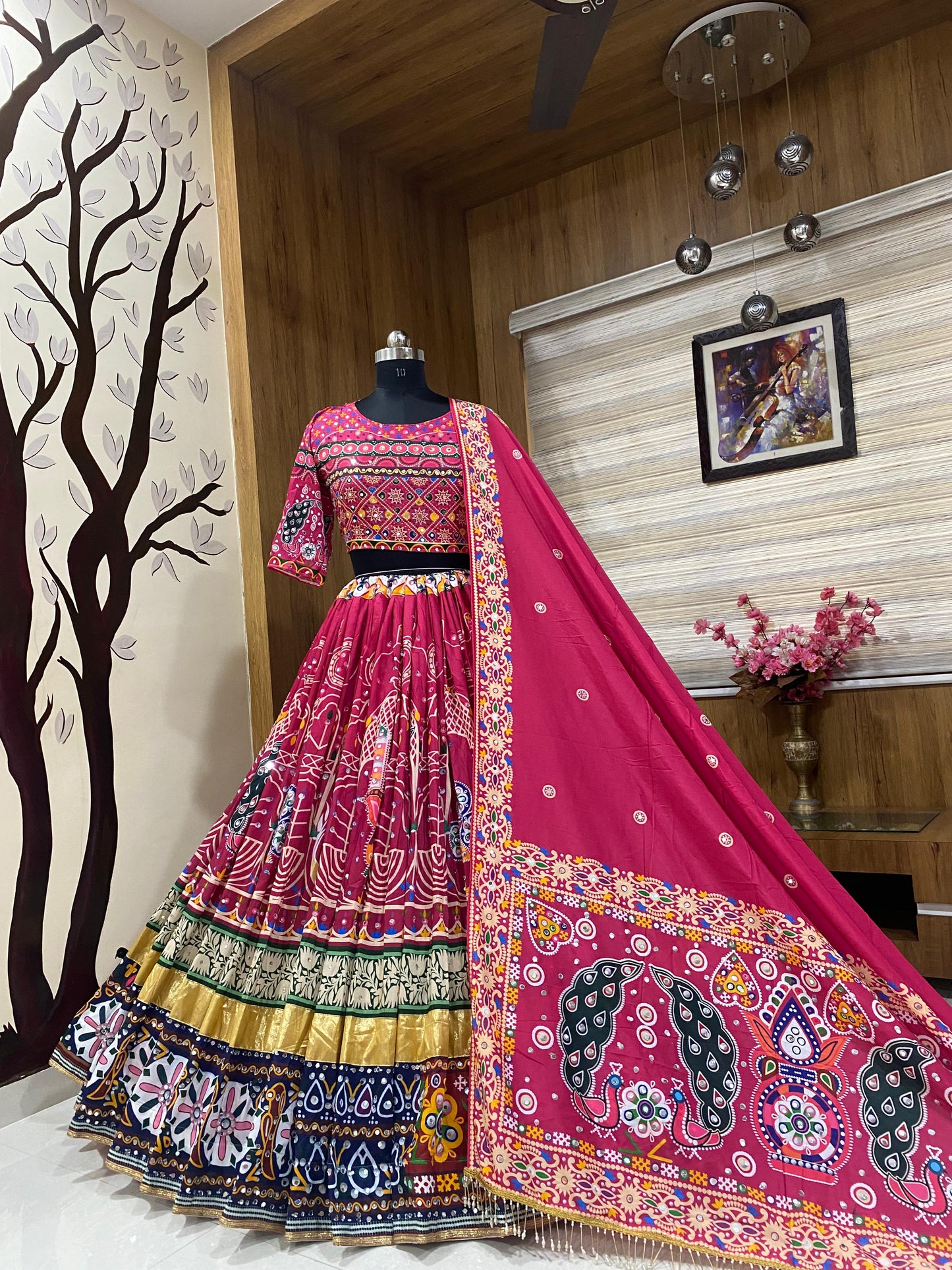 Navratri special Heavy Muslin Cotton Lehenga with Digital Print & Real Mirror Work - ALC 084