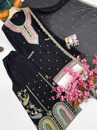 Black & White Kurti Palazzo Set in premium chinon silk fabric with multy color thread Embroidery work