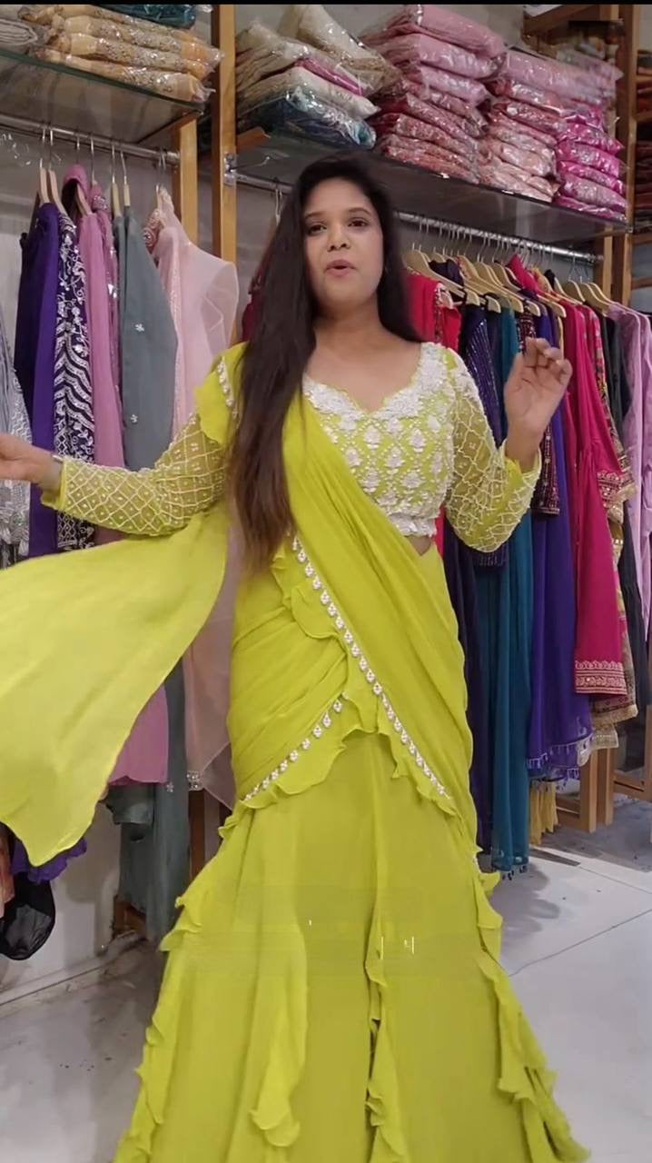 Ready To Wear Ruffles Saree with Long Sleeve Blouse in Lemon Yellow - Georgette with Moti Lace