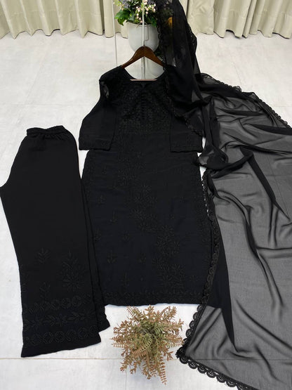 Designer chicken work kurti & pant set with chicken Embroidery work & Dupatta - FFBE-354