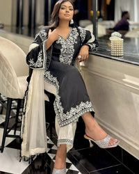 Trending black & white kurti plazzo set with elegant thread Embroidery work