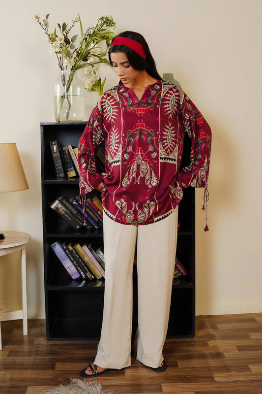 Stylish maroon color digital printed premium cordset