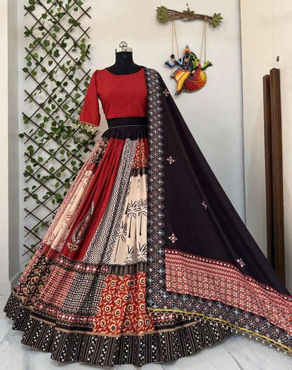 Navratri special Heavy Muslin Cotton Lehenga with Digital Print & Real Mirror Work - ALC 95
