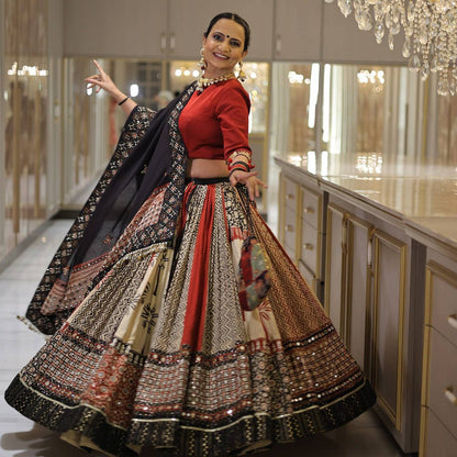 Navratri special Heavy Muslin Cotton Lehenga with Digital Print & Real Mirror Work - ALC 95