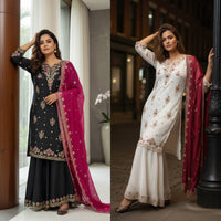 Trending & elegant embroidered kurti & flared palazzo suit in white-maroon & black-pink color combo