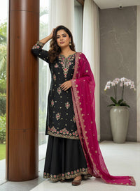 Trending & elegant embroidered kurti & flared palazzo suit in white-maroon & black-pink color combo