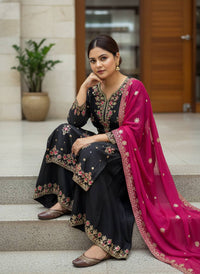 Trending & elegant embroidered kurti & flared palazzo suit in white-maroon & black-pink color combo