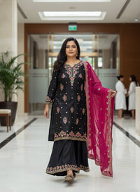 Trending & elegant embroidered kurti & flared palazzo suit in white-maroon & black-pink color combo