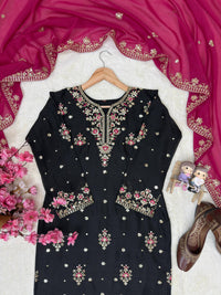 Trending & elegant embroidered kurti & flared palazzo suit in white-maroon & black-pink color combo