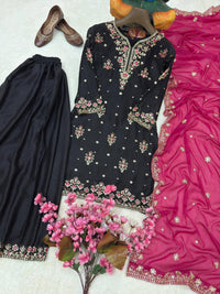 Trending & elegant embroidered kurti & flared palazzo suit in white-maroon & black-pink color combo