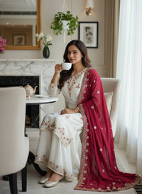 Trending & elegant embroidered kurti & flared palazzo suit in white-maroon & black-pink color combo